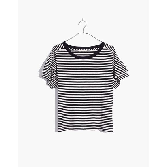Madewell Ruffle-Sleeve Pullover Crew Neck Top Black/White XXS - Picture 2 of 10